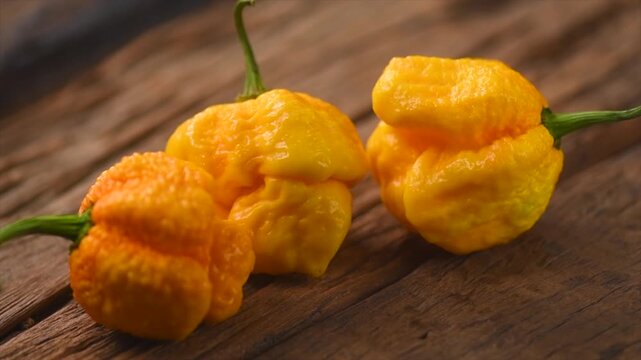 Yellow Trinidad Moruga Scorpion Pepper Chili on wooden table, closeup. One of the hottest peppers in the world, heat level 1,200,000 to 2,000,000 Scoville Heat Units (SHU), slow motion