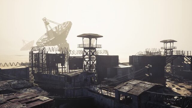 A vast, abandoned satellite station is silhouetted against a hazy sky. Rusted dishes and watchtowers reflect a haunting atmosphere, while barbed wire entangles the crumbling structures.