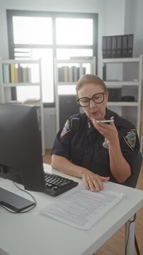 Woman police officer speaks into smartphone while reviewing documents at desk in building; duty focus.