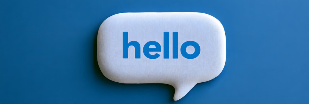 A white speech bubble containing "hello" signifies initiating a dialogue, offering a greeting, or making a friendly introduction upon a basic blue backdrop with ample space for text