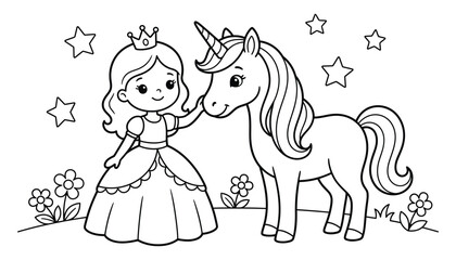 Naklejka premium Cute little princess wearing a crown petting a magical unicorn in a starry meadow coloring page for children