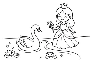 Naklejka premium Cute little princess wearing a crown holding flowers standing by a pond with a swan and lilies