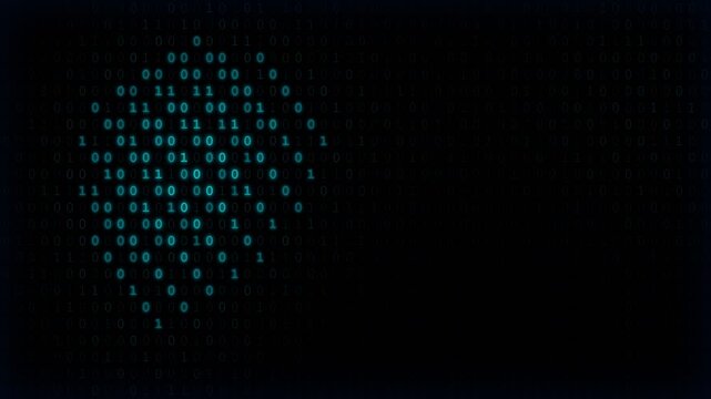A glowing cluster of numerical bits forms a dynamic geometric structure representing complex information processing within a dark digital environment that symbolizes the rapid flow of computing