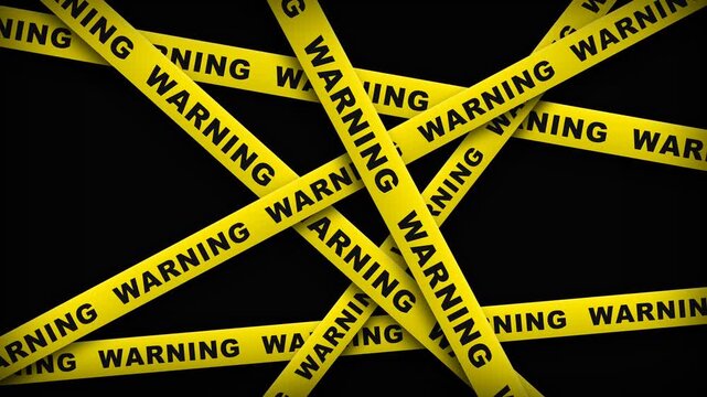 Multiple intersecting yellow hazard tapes with repetitive black warning signs indicate restricted zones to prevent unauthorized access while maintaining safety protocols throughout this darkened