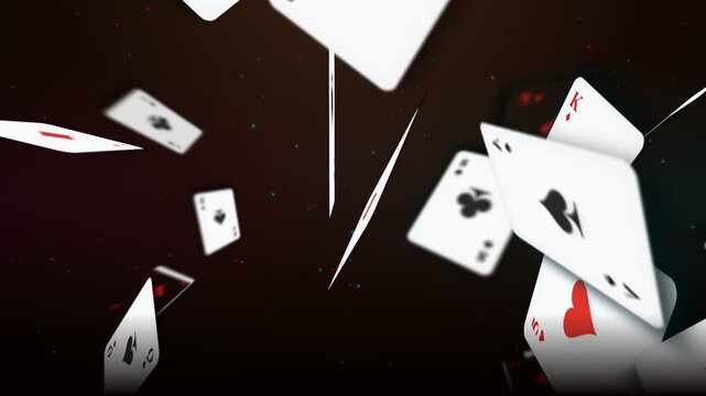 A dynamic arrangement of various playing cards floats through the dark atmosphere, creating a sense of motion and excitement for gamblers who enjoy engaging in competitive games of chance