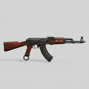 High-quality 3D render of an AK-47 assault rifle with realistic wood and metal textures, on a clean grey background. Ideal for design and military themes. Generative AI.