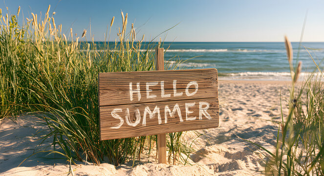 A wooden sign with the text "hello summer" on a sandy beach with ocean waves and tall grass
