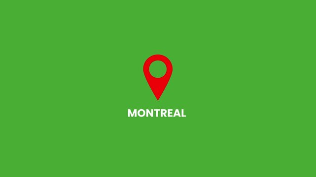 Montreal Location Pin Icon Animation on Green Screen Background, Red 2D Flat Map Marker with Montreal Text Chroma Key Motion Graphic