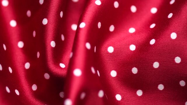 Polka dots red satin background, red with white silk backdrop. Closeup view of red polka dot fabric texture, top view, flat lay, rotating 