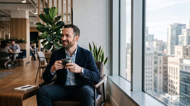Relaxed man drinking coffee in modern office with city view  