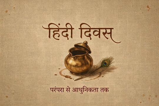 Hindi diwas poster featuring a traditional brass pot and a peacock feather on a textured beige background, with hindi text, cultural concept
