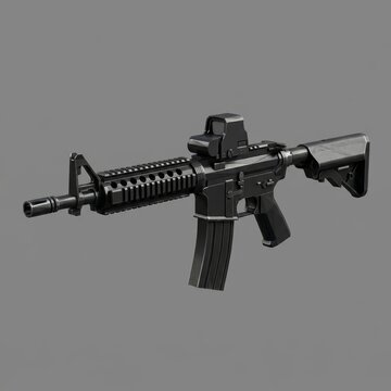 Detailed 3D render of a tactical M4 carbine assault rifle with a red dot sight and magazine. Studio shot on a clean gray background, ideal for military or gaming visuals.