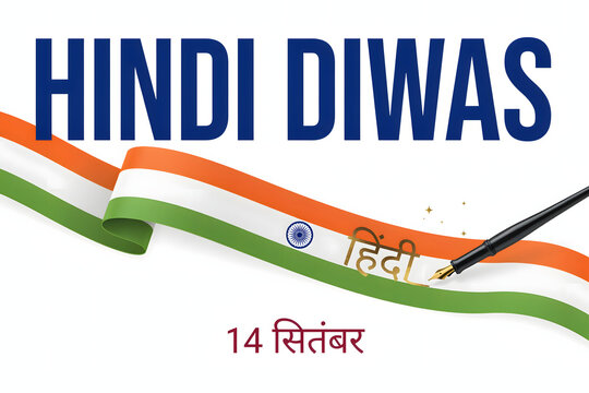 Hindi diwas poster featuring a wavy indian tricolor flag ribbon, an ink fountain pen, and golden hindi calligraphy on white background