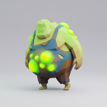 Charming low-poly green monster character, with glowing neon bubbles and blue overalls. A fun 3D game asset or fantasy creature isolated on white.
