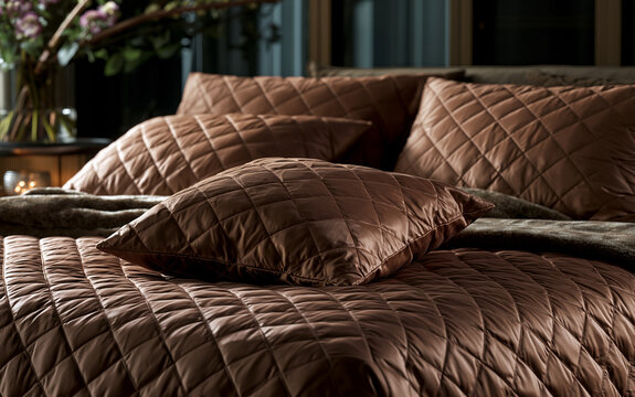 Elegant brown quilted bedsheets, matching pillows on luxury bed. Soft satin fabric texture in modern bedroom interior. Cozy bedding set for hotel room home decor. High quality textile provides