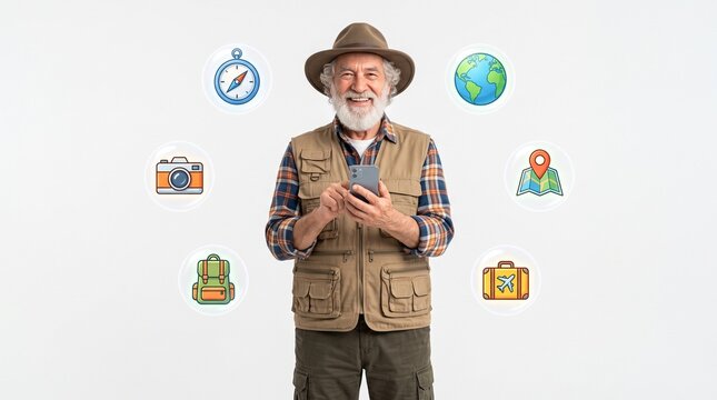 Senior Man Traveler Holding Smartphone with Floating Travel and Navigation Icons