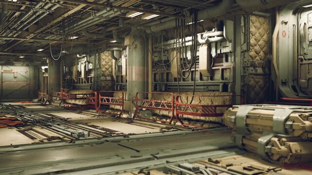 A detailed view of a futuristic industrial corridor featuring metallic walls, pipes, and storage crates. The environment appears functional and designed for spacecraft maintenance or operations.