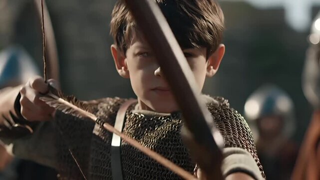 Europe medieval lifestyle. A closeup shot of a young boy, likely from a medieval or medieval setting, aiming a bow and arrow. He wears chainmail armor and has a focused expression.