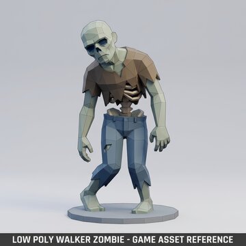 Low poly 3D rendering of a zombie walker character with torn clothes and exposed ribs, perfect for video games, horror themes, and Halloween designs.