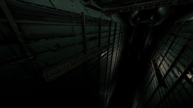 A confined corridor lined with dark metal panels and vertical beams. The dim lighting creates deep shadows, suggesting an eerie and abandoned atmosphere. The space feels claustrophobic and mysterious.