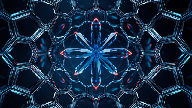 : Symmetrical blue kaleidoscope pattern with a glowing star-shaped center surrounded by hexagonal cells.