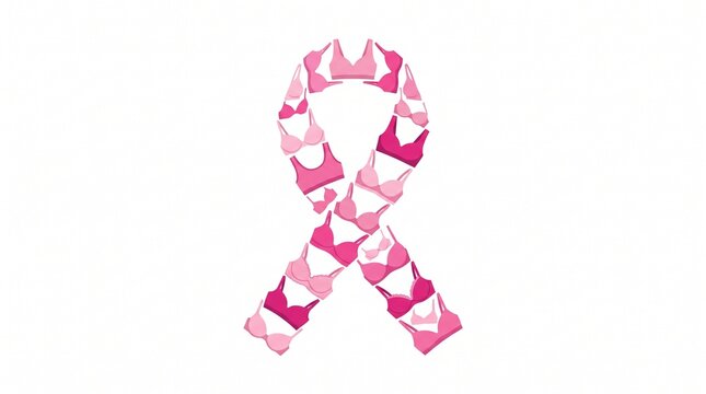 Pink October Awareness Ribbon Formed by Dozens of Pink Bras Symbolizing Breast Cancer Awareness Prevention Women's Health and Empowerment