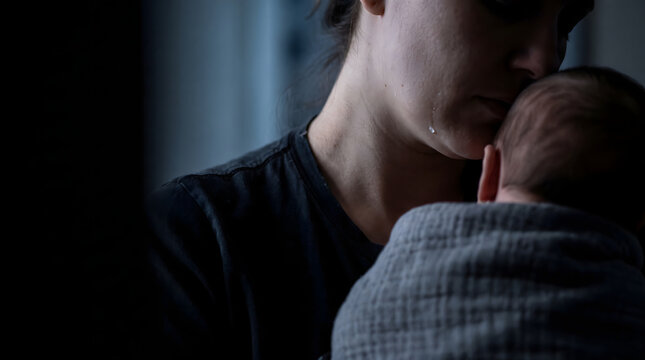 Heartbroken mother holding infant baby closely in dim light crying from postpartum depression exhaustion and stress