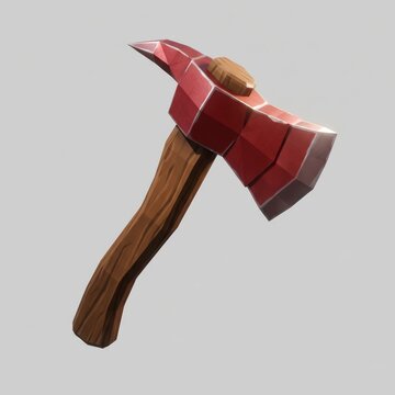 A detailed stylized low poly 3D render of a red axe or pickaxe with a wooden handle, isolated on a white background. Ideal for gaming assets, fantasy themes, or survival concepts.