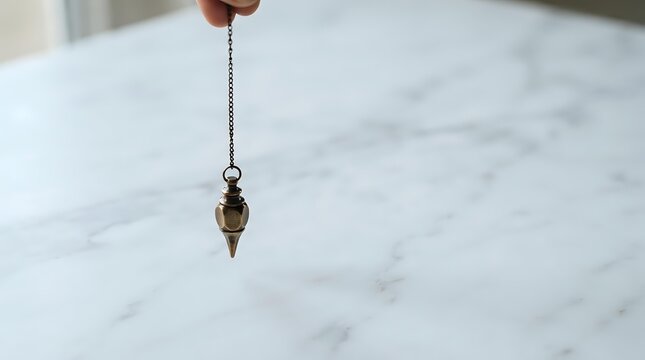 Close-up of hand holding brass pendulum suspended above marble