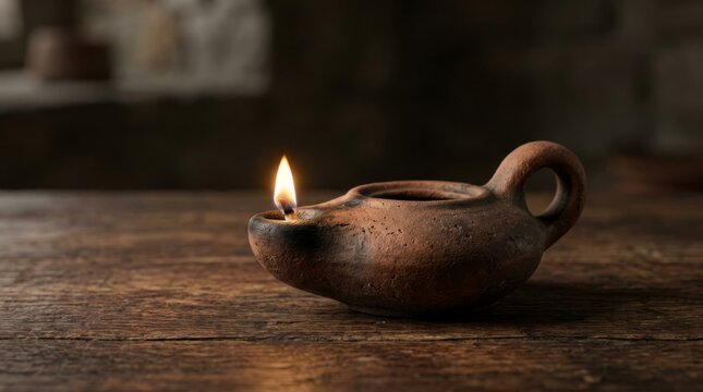 Traditional clay oil lamp diya burning brightly on rustic wooden table with warm flame glow for spiritual festival