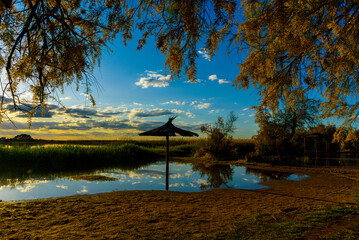 Traditional heather parasol in the flooded wetlands of Lagunas de Villafranca, Spain. © J.Moreno