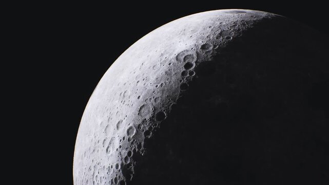 An impressive view of the moon showcasing its rugged surface, featuring numerous craters and shadowy areas. This celestial body is illuminated, revealing its dramatic texture against the dark sky.
