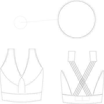 Technical flat sketch of modern sports bra design with crisscross back straps, deep V neckline, and wide underband