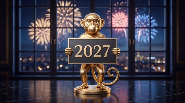 Golden monkey statue holding 2027 sign with fireworks background