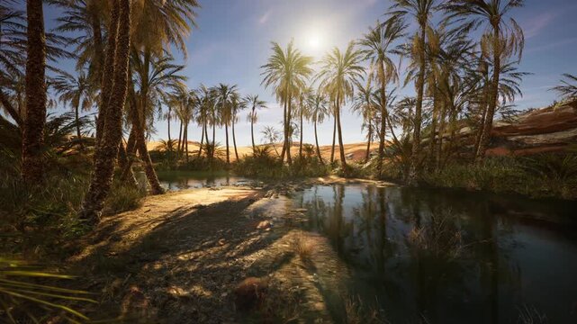 Lush palm trees surround a serene water body in an oasis, reflecting the brilliant sunlight. The landscape features golden sand dunes in the background, creating a peaceful desert retreat.