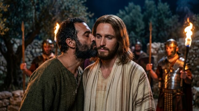 Judas Iscariot betraying Jesus Christ with kiss in Gethsemane garden at night. Biblical story of treason and arrest with Roman soldier. Christian Easter concept of passion and sacrifice.
