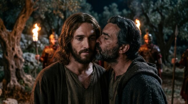 Judas Iscariot betraying Jesus Christ with kiss in Gethsemane garden at night. Biblical story of treason and arrest with Roman soldier. Christian Easter concept of passion and sacrifice.