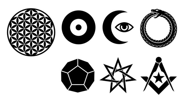 Collection of esoteric and sacred geometry symbols, including flower of life, ouroboros, and masonic square and compass, on a white background