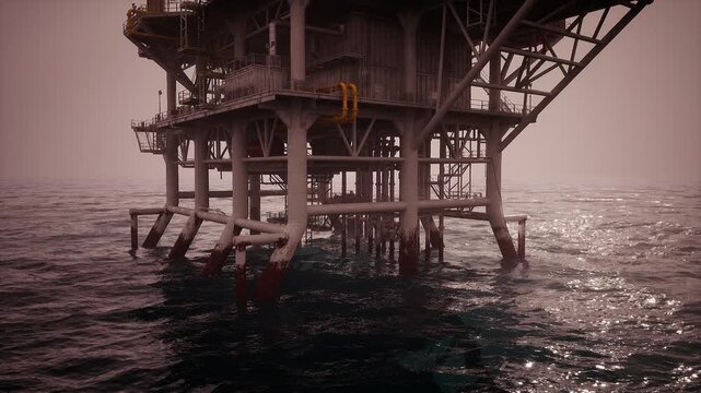 An oil rig stands tall above the water surface, showcasing its metallic structure and support columns. The sun sets, creating a serene atmosphere around the facility.