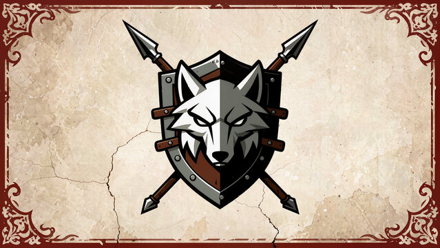 Stylized Wolf Emblem with Shield and Spears
