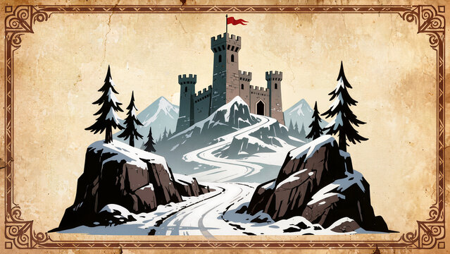 Stylized Castle on Snowy Mountain Landscape