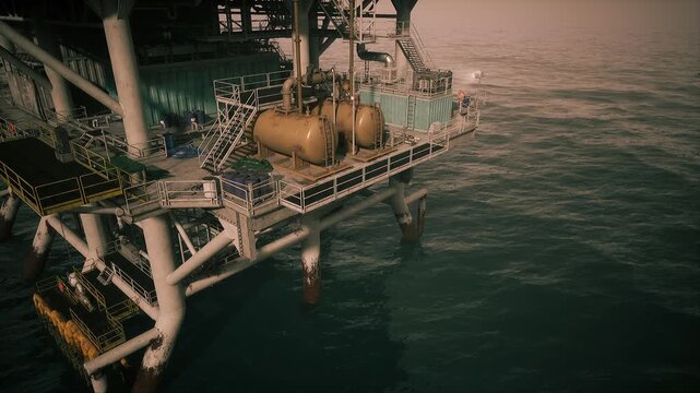 An offshore oil rig platform features large storage tanks situated on the structure.