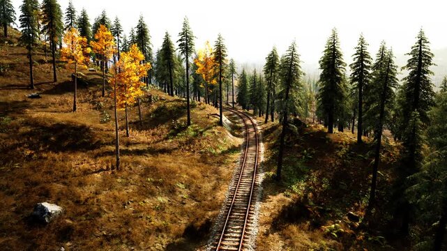 A railway track curves through a lush forest filled with green pine trees and a touch of golden autumn foliage, illuminated by soft daylight, creating a tranquil and picturesque landscape.