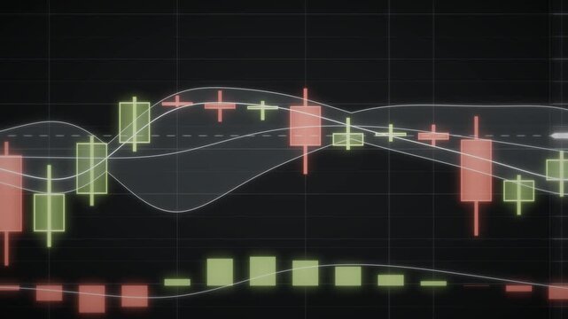 Close up candlestick chart with moving average bands and slow zoom pan across market data seamless loop in soft lime tones