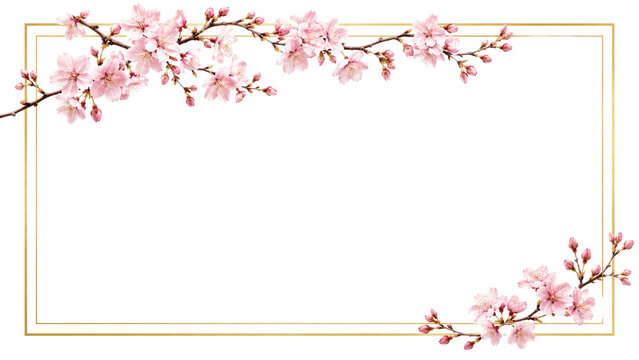 Cherry Blossom Floral Frame with Pink Sakura Flowers and Gold Border