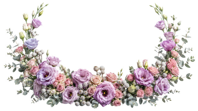 Flower Crescent Arrangement with Purple Roses and Eucalyptus Foliage