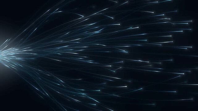 Fiber optic cable bundle splaying with glowing light pulses and lit fiber tips, telecom network background, seamless loop in calm cyan tones