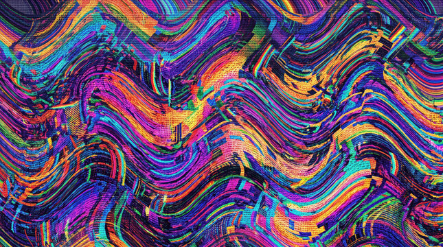 Vibrant abstract glitch pattern with wavy multicolored pixelated digital lines