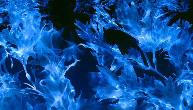 Whispering seaweed sways gracefully with ethereal underwater waves, casting a vibrant blue glow