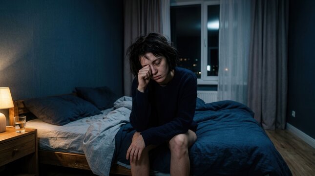 Woman Sitting On Bed At Night Experiencing Sleeplessness